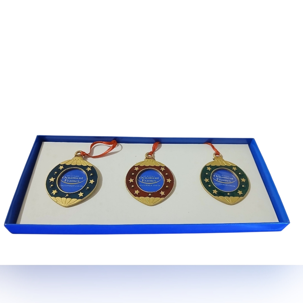 Set of 3 Gold Accents With Red, Green, Blue Colors Picture Holiday Ornaments